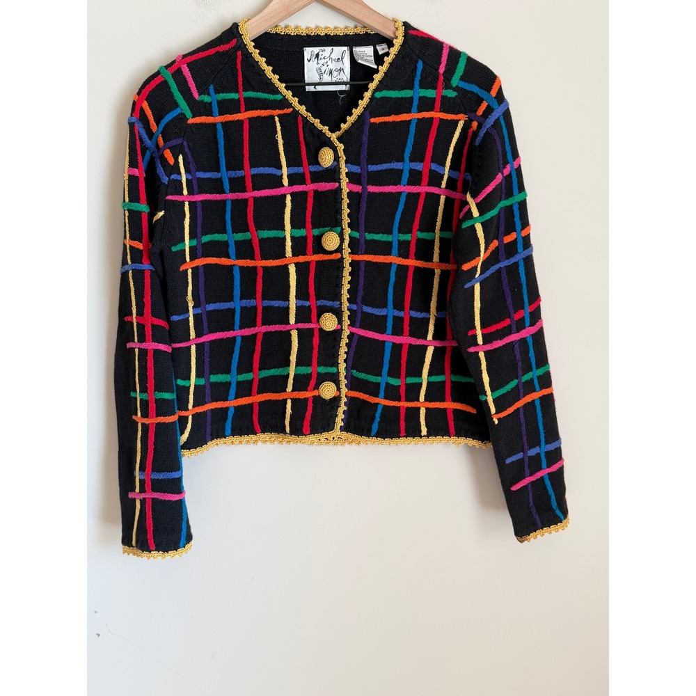 Vtg Michael Simon Cardigan Women S Black Multi Color Embroidered Grid Gold Trim